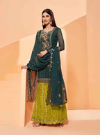 Dark Green And Lime Heavy Embroidery Work Georgette Sharara Set With Dupatta
