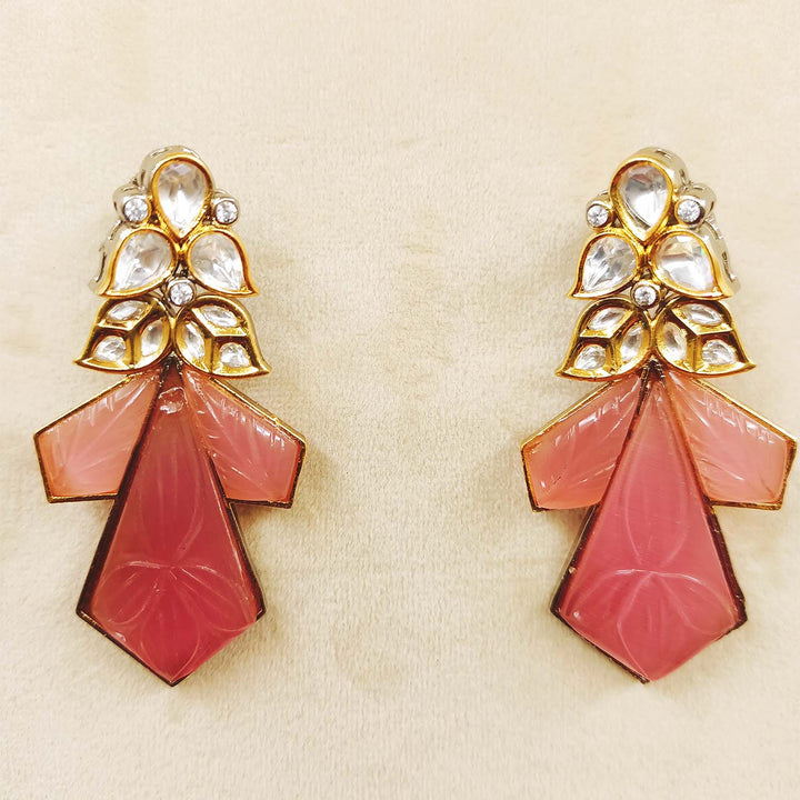  Stunning Diyanshi Pink Rhodium Plated Victorian Earrings adorned with Kundan and Carving Pink Stones