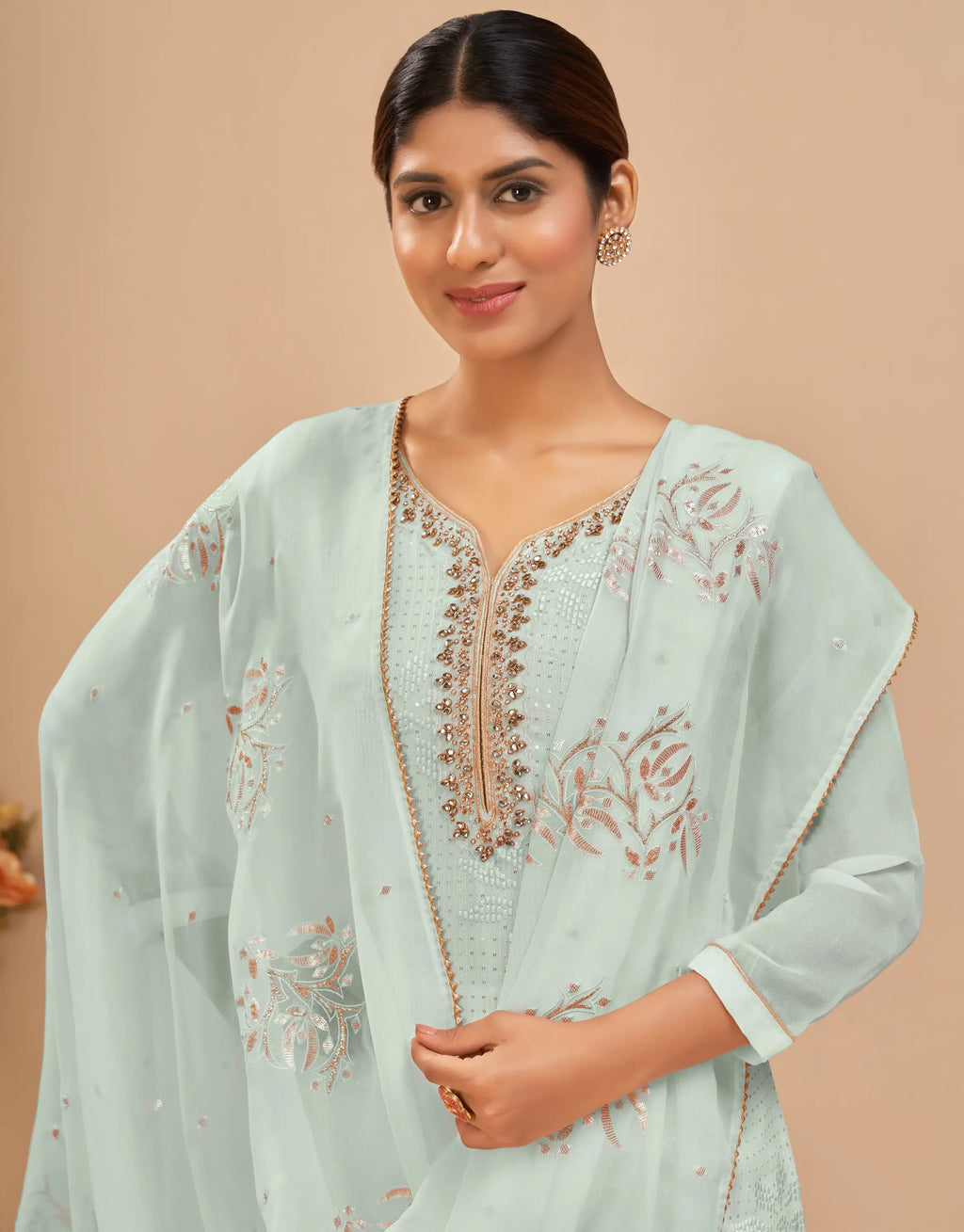 Powder Blue Georgette Sequins Embroidery Work Salwar Suit With Dupatta