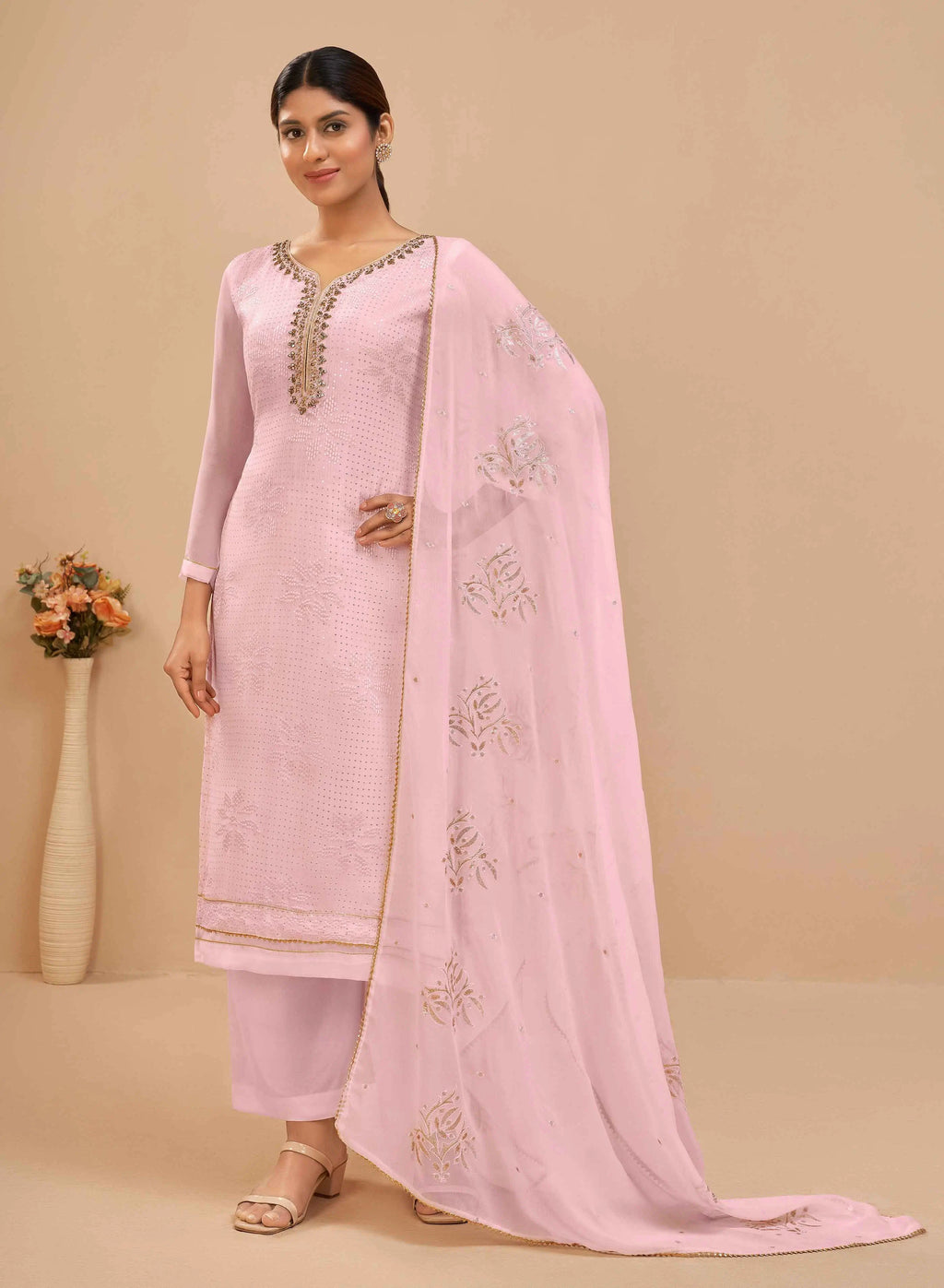 Light Pink Georgette Sequins Embroidery Work Salwar Suit With Dupatta