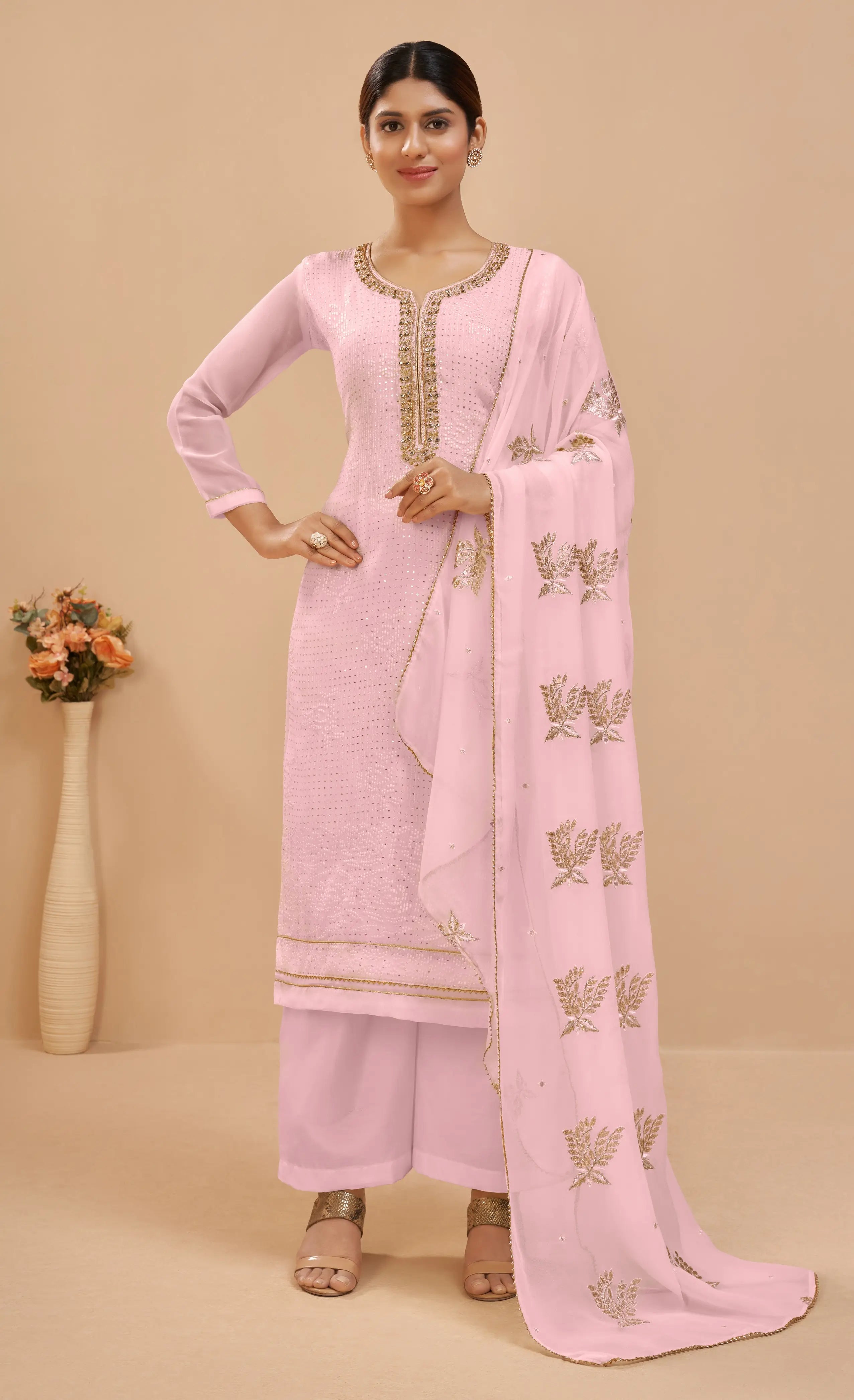 Soft Light Pink Georgette Sequins Embroidery Work Salwar Suit With Dupatta