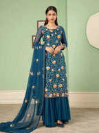 Cerulean Blue Heavy Embroidered Georgette Palazzo Set With Dupatta
