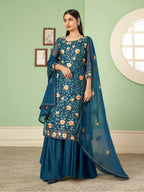 Cerulean Blue Heavy Embroidered Georgette Palazzo Set With Dupatta