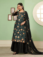 Black Multi Thread Embroidered Georgette Palazzo Set With Dupatta