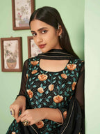 Black Multi Thread Embroidered Georgette Palazzo Set With Dupatta