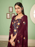 Wine Floral Embroidered Georgette Palazzo Set With Dupatta