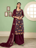 Wine Floral Embroidered Georgette Palazzo Set With Dupatta