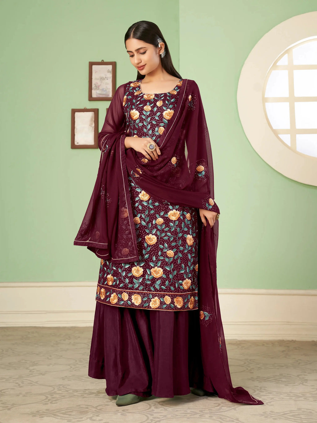 Wine Floral Embroidered Georgette Palazzo Set With Dupatta