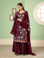 Wine Floral Embroidered Georgette Palazzo Set With Dupatta