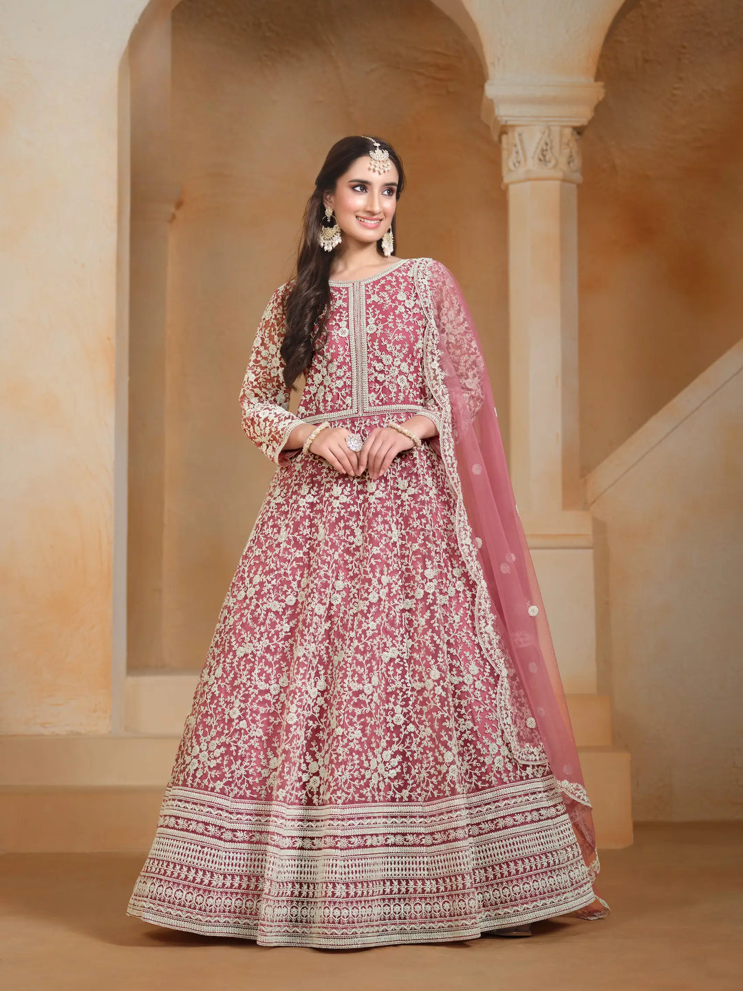 Light Pink Net Gown With Sequence & Thread Embroidery Work - qivii