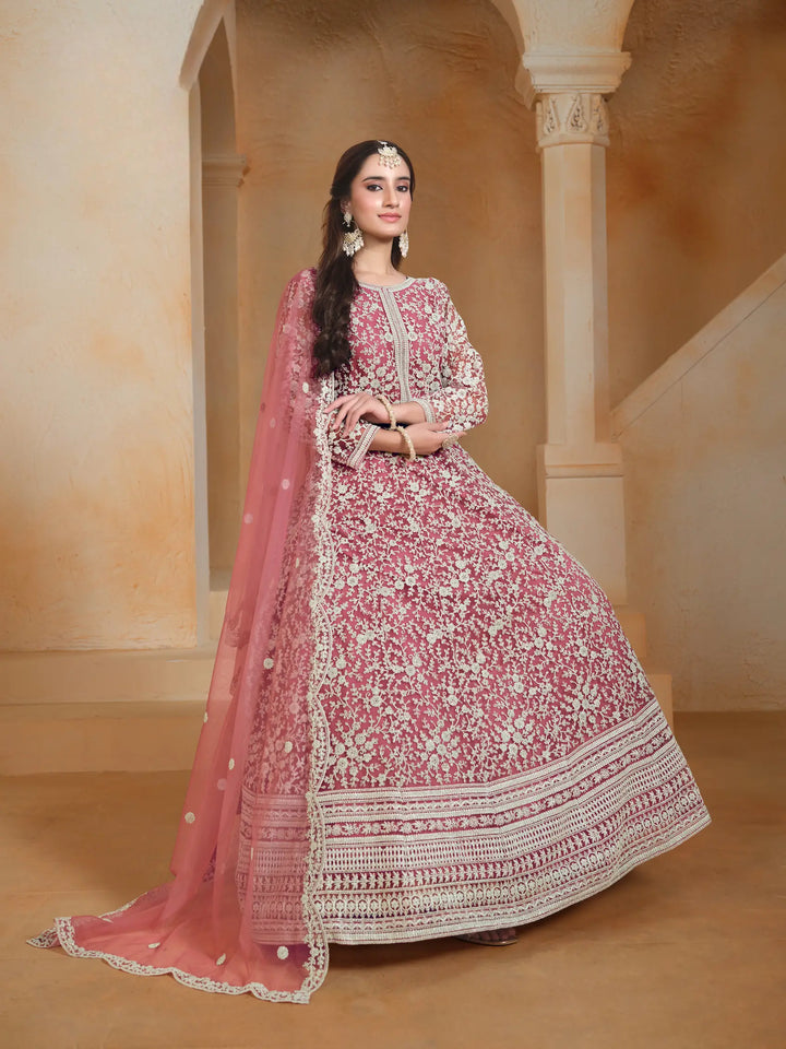 Light Pink Net Gown With Sequence & Thread Embroidery Work - qivii