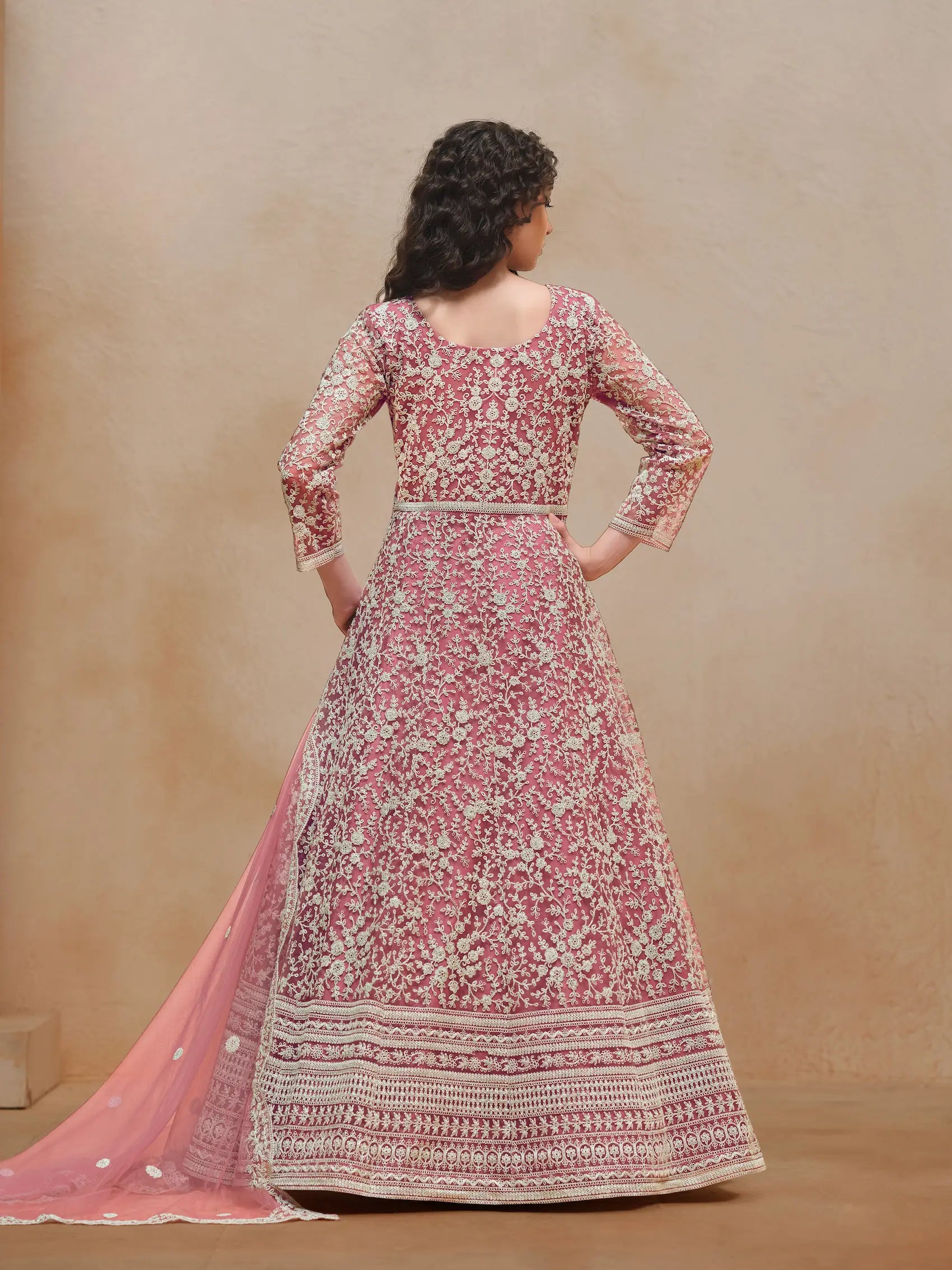 Light Pink Net Gown With Sequence & Thread Embroidery Work