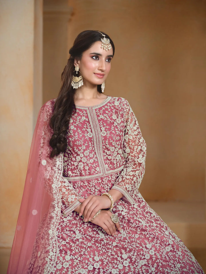 Light Pink Net Gown With Sequence & Thread Embroidery Work - qivii