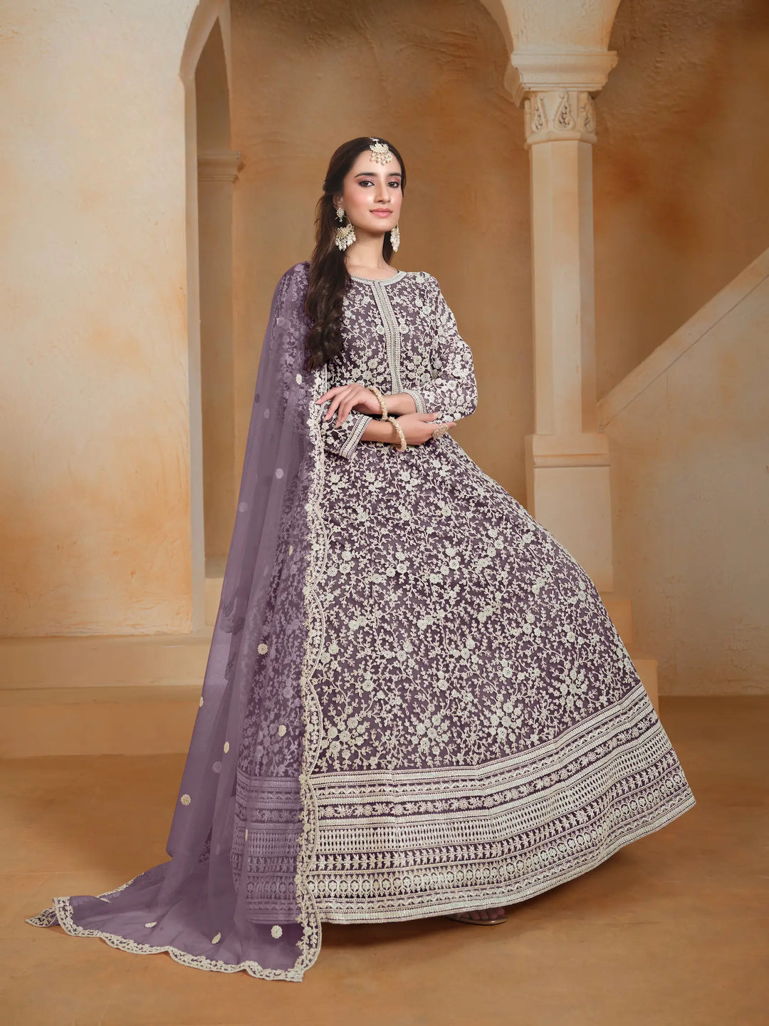 Lavender Net Gown With Sequence & Thread Embroidery Work - qivii