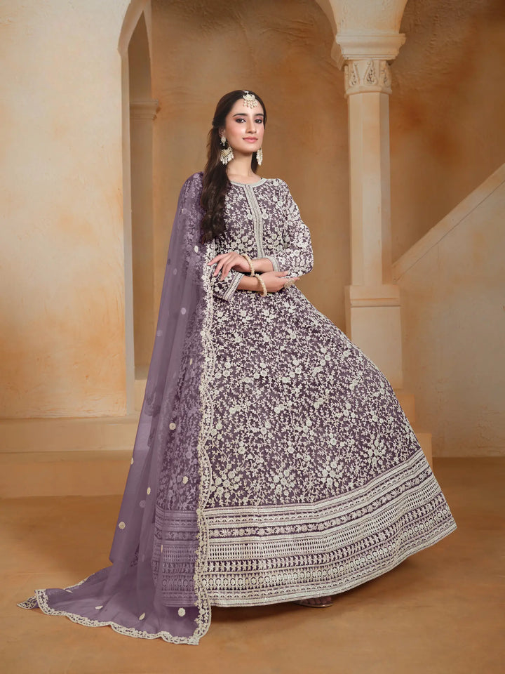 Lavender Net Gown With Sequence & Thread Embroidery Work - qivii