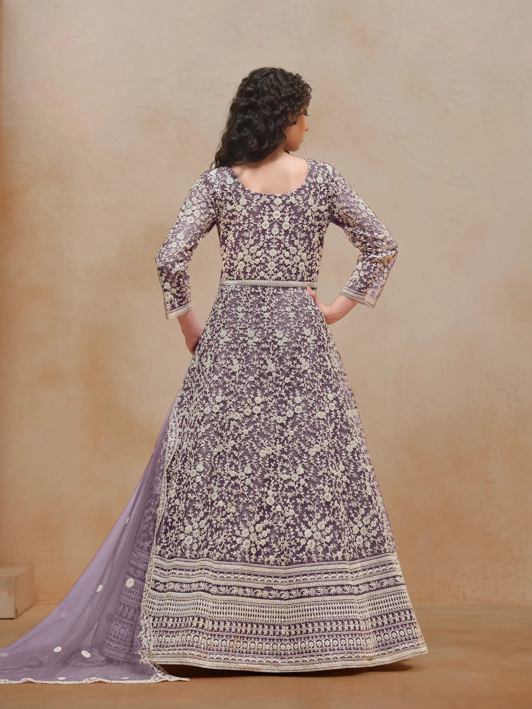 Lavender Net Gown With Sequence & Thread Embroidery Work - qivii