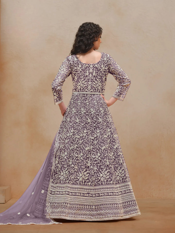 Lavender Net Gown With Sequence & Thread Embroidery Work - qivii
