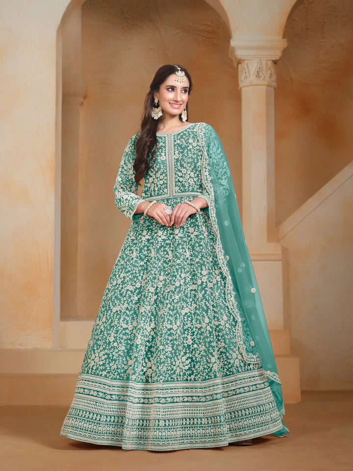 Sky Blue Net Gown With Sequence & Thread Embroidery Work - qivii
