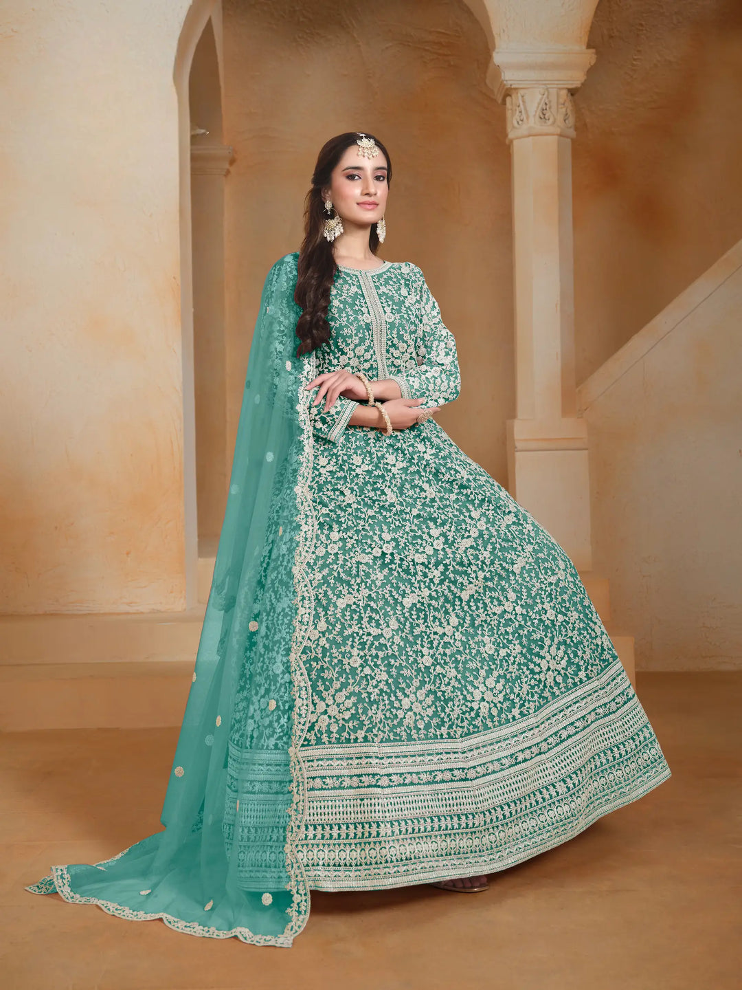 Sky Blue Net Gown With Sequence & Thread Embroidery Work - qivii
