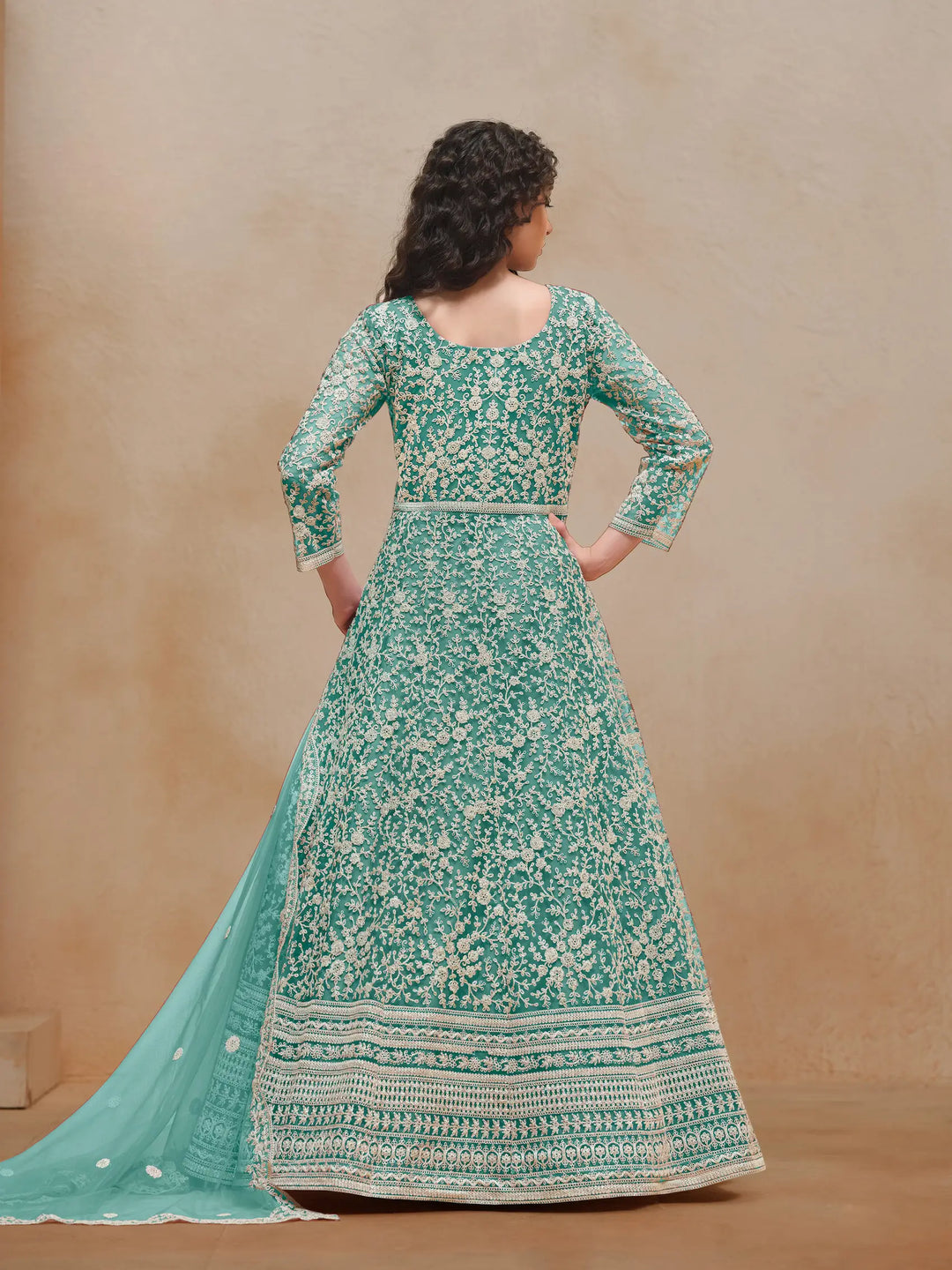 Sky Blue Net Gown With Sequence & Thread Embroidery Work - qivii