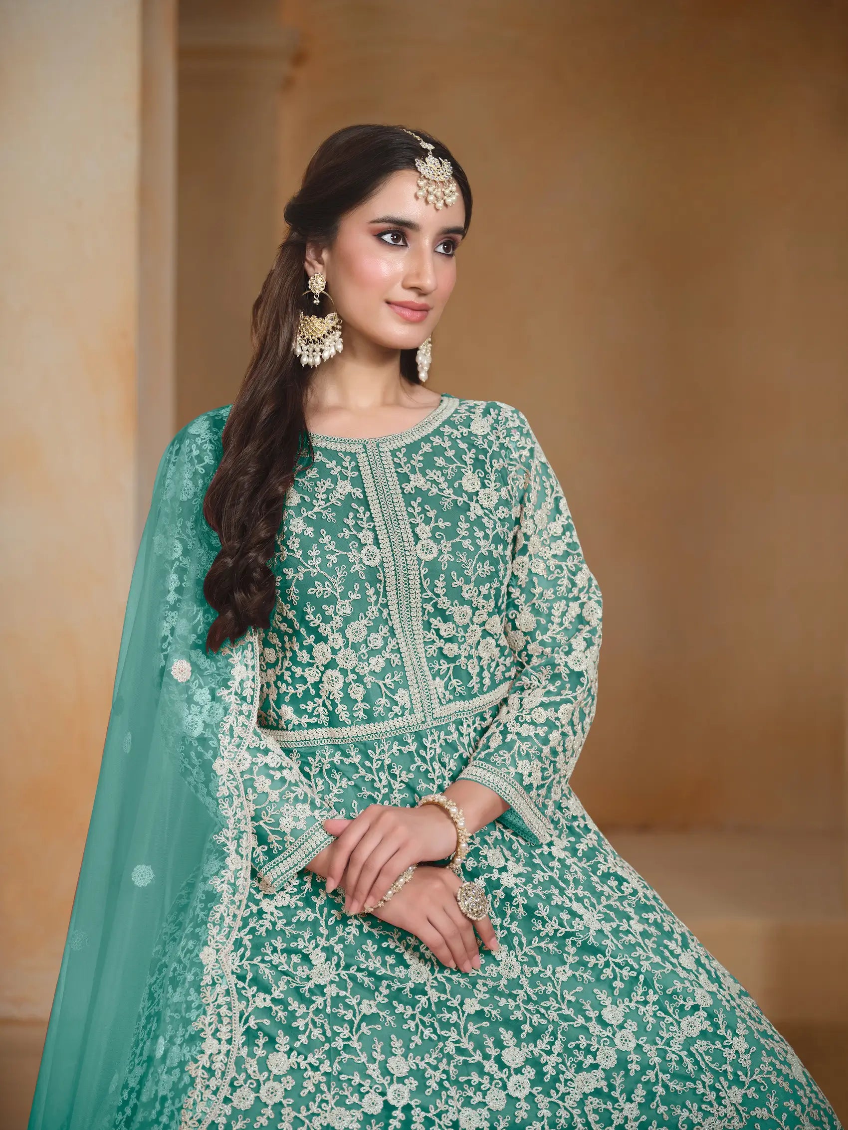 Sky Blue Net Gown With Sequence & Thread Embroidery Work