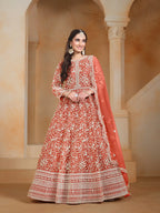Orange Net Gown With Sequence & Thread Embroidery Work