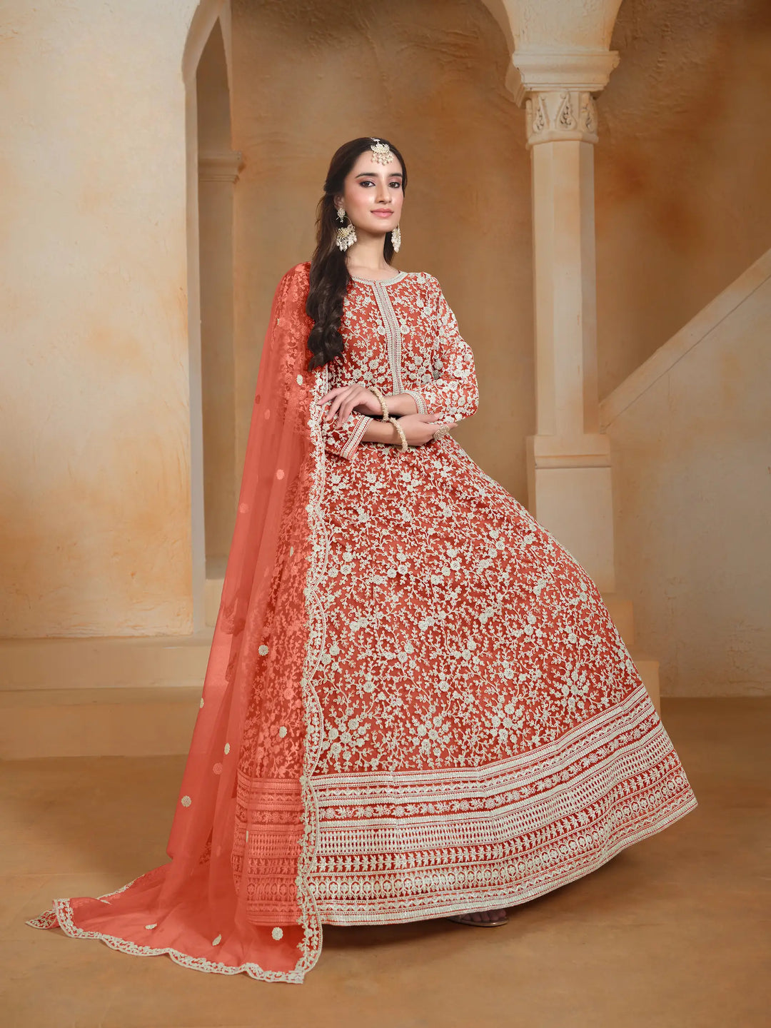 Orange Net Gown With Sequence & Thread Embroidery Work - qivii