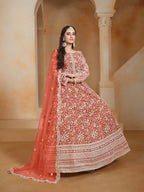 Orange Net Gown With Sequence & Thread Embroidery Work