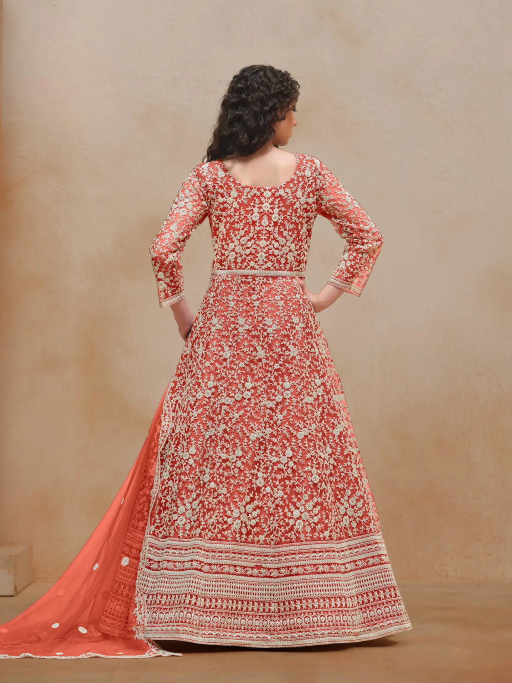 Orange Net Gown With Sequence & Thread Embroidery Work