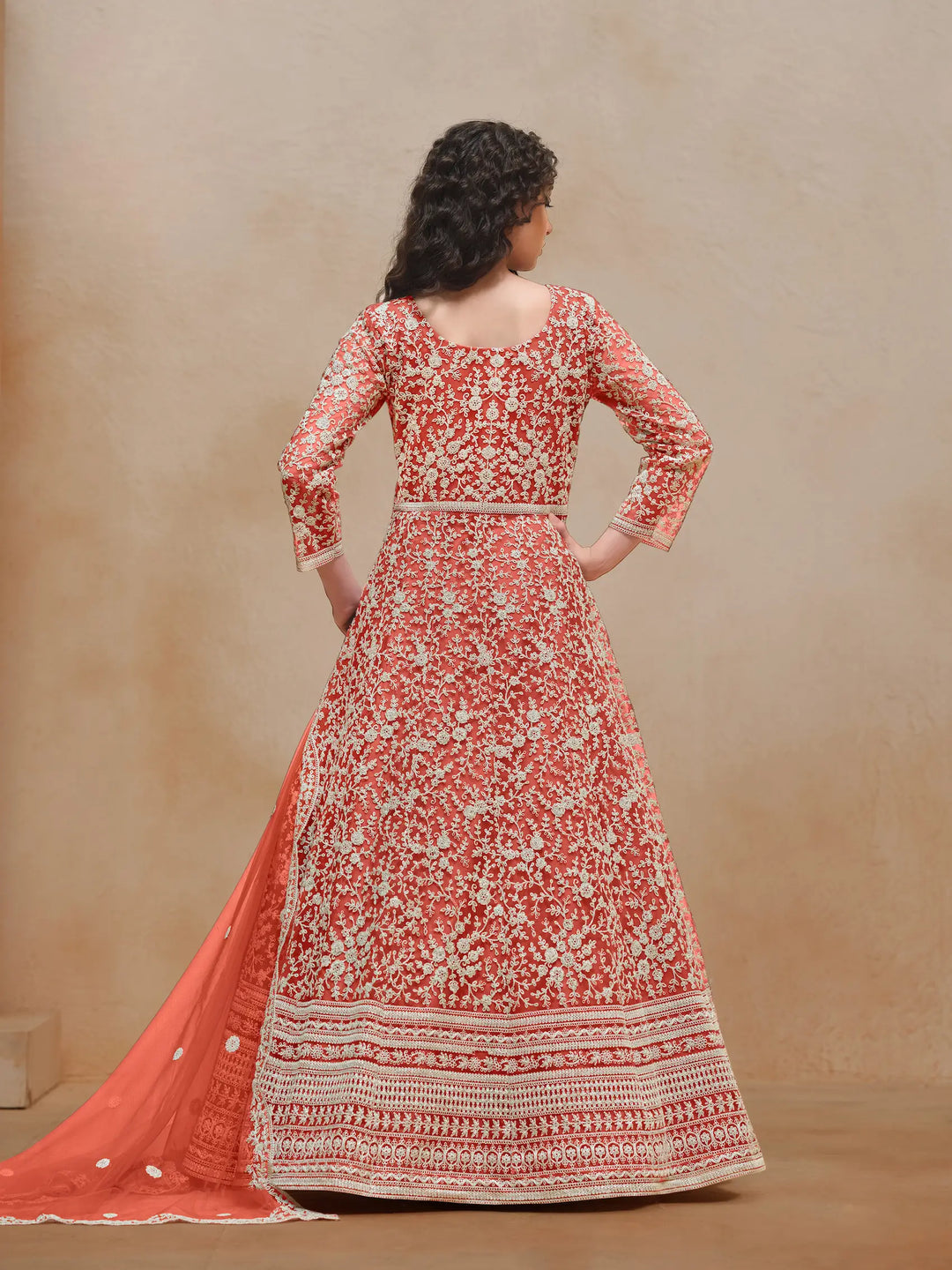 Orange Net Gown With Sequence & Thread Embroidery Work - qivii