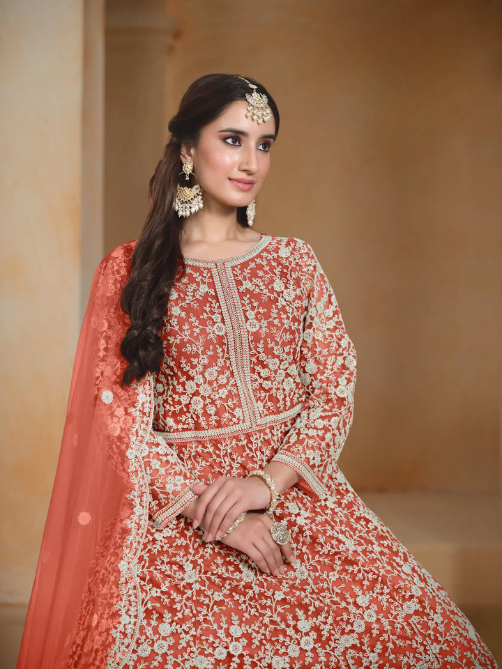 Orange Net Gown With Sequence & Thread Embroidery Work - qivii