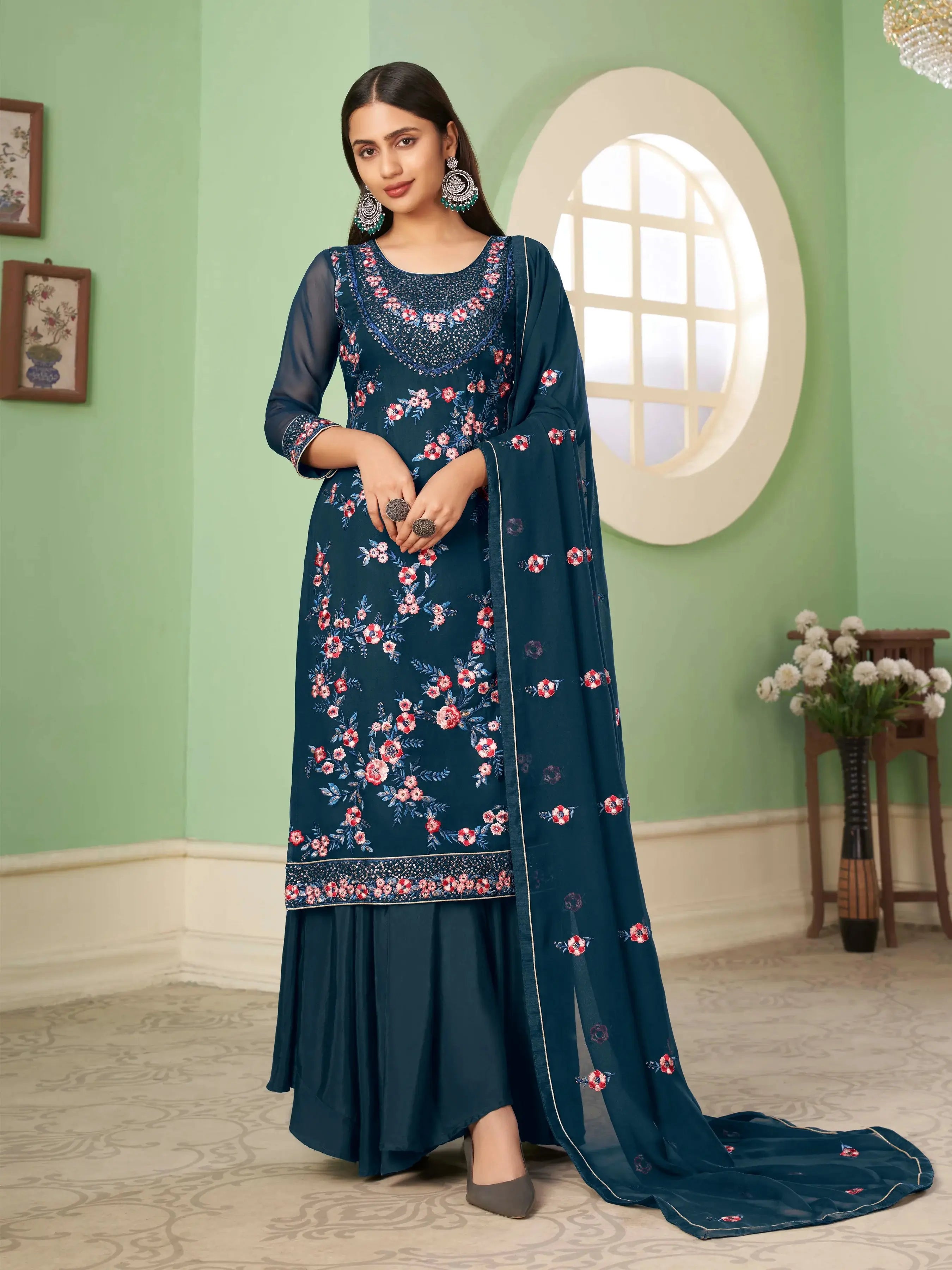 Aegean Blue Heavy Multi-thread Embroidery Work Georgette Palazzo Suit