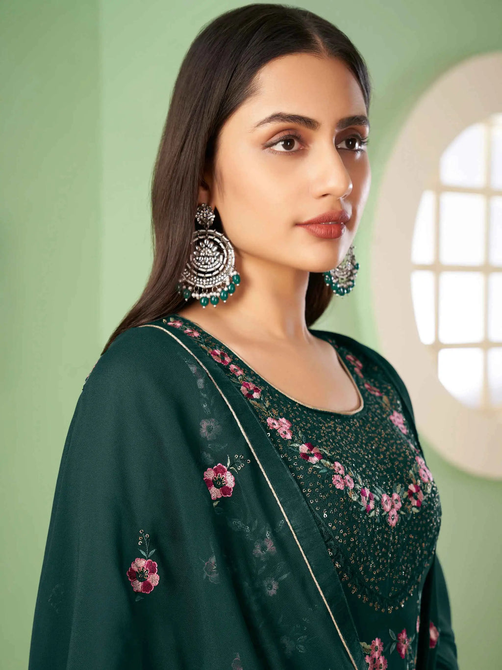 Dark Green Heavy Sequins Embroidery Work Georgette Palazzo Suit