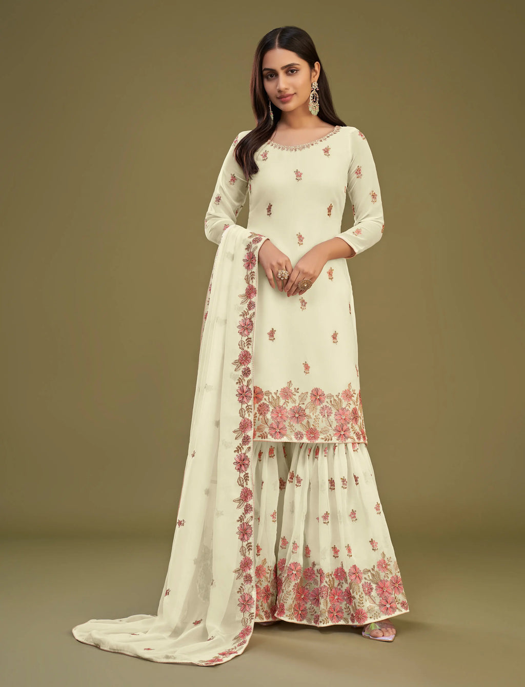 Light Lime Yellow Georgette Multi Thread Embroidery Work Sharara Set With Dupatta