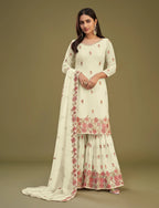 Light Lime Yellow Georgette Multi Thread Embroidery Work Sharara Set With Dupatta