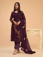 Wine Georgette Sequins Embroidery Work Salwar Suit With Dupatta