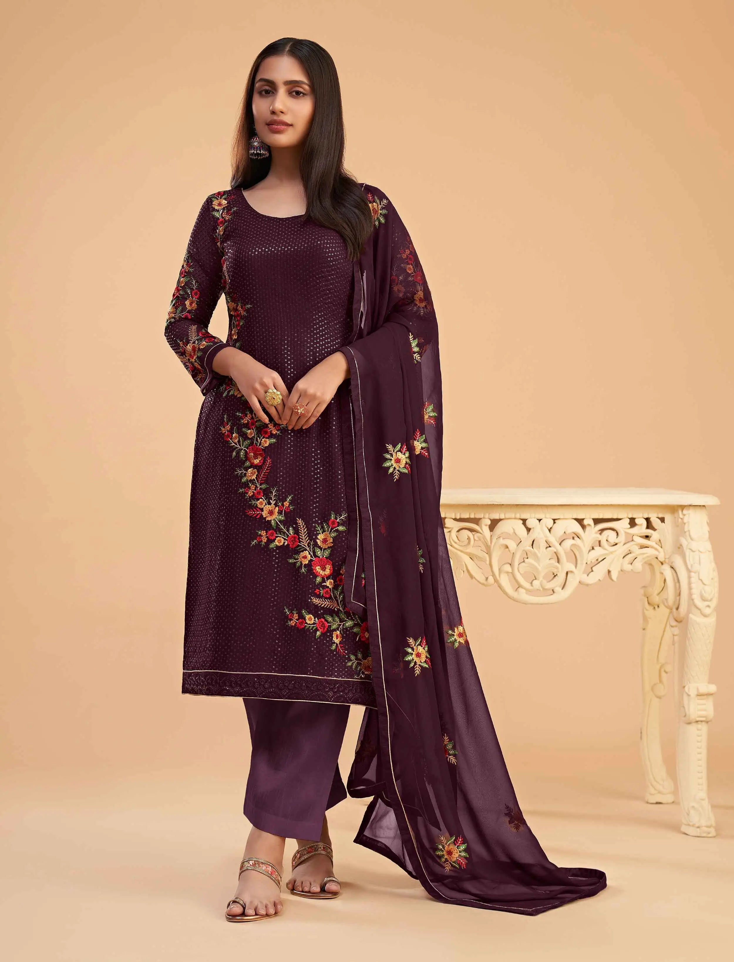 Wine Georgette Sequins Embroidery Work Salwar Suit With Dupatta