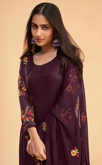 Wine Georgette Sequins Embroidery Work Salwar Suit With Dupatta