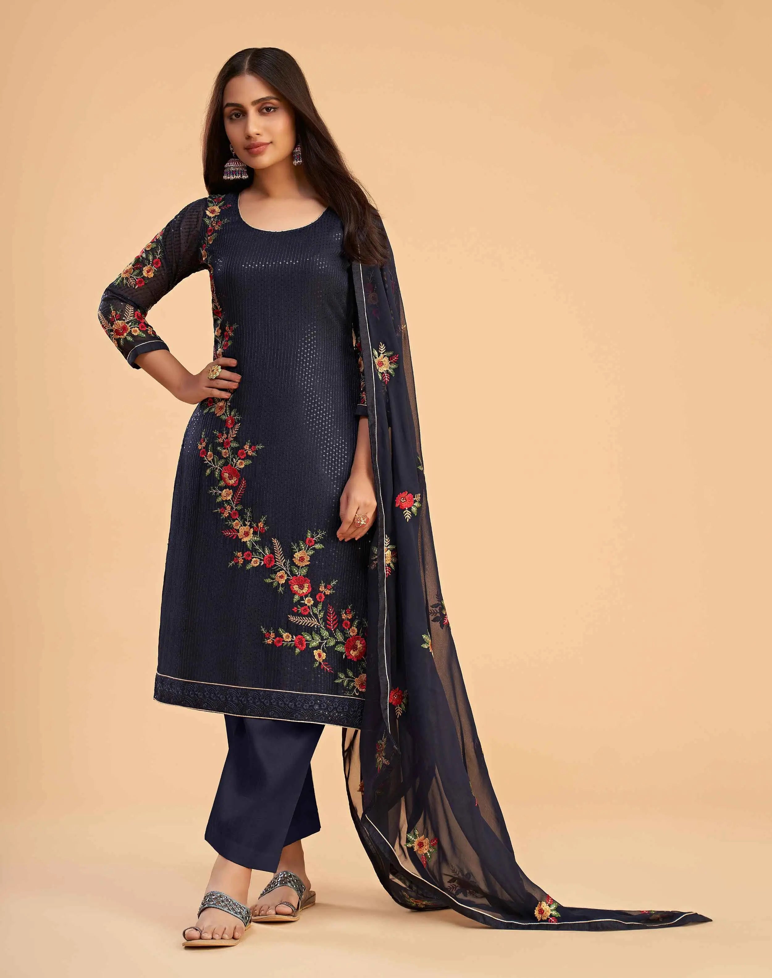 Navy Blue Georgette Sequins Embroidery Work Salwar Suit With Dupatta