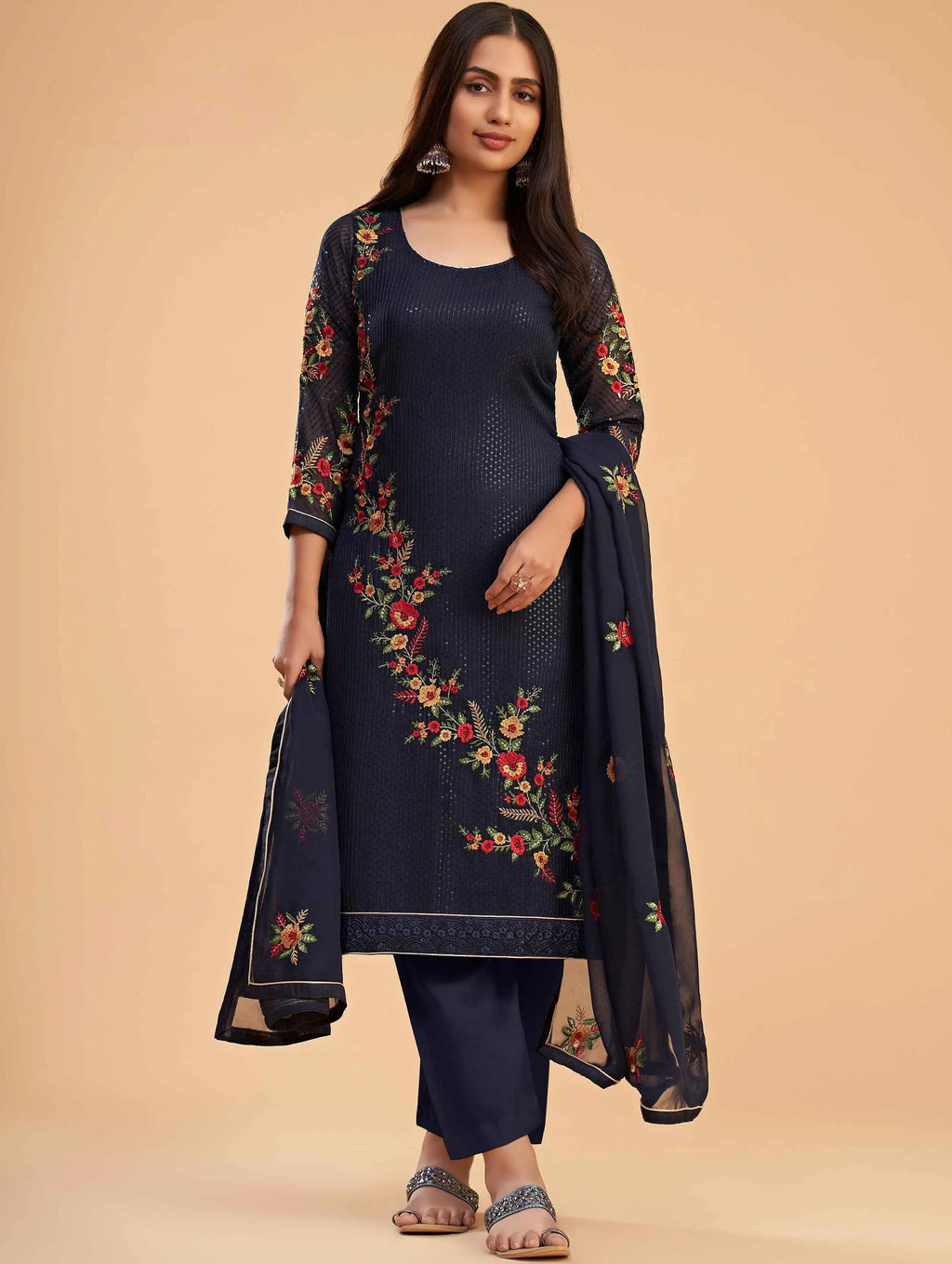 Navy Blue Georgette Sequins Embroidery Work Salwar Suit With Dupatta