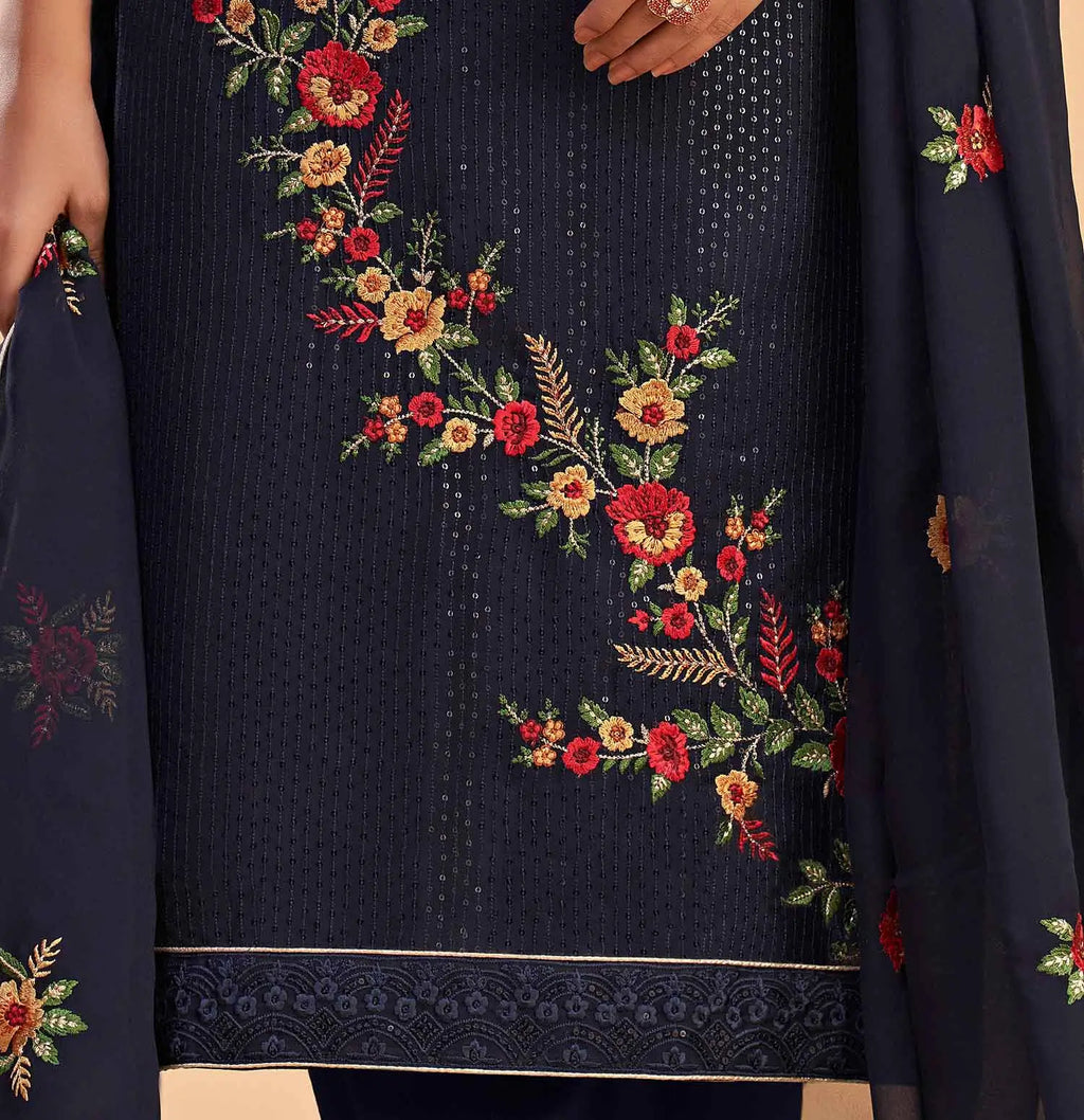 Navy Blue Georgette Sequins Embroidery Work Salwar Suit With Dupatta