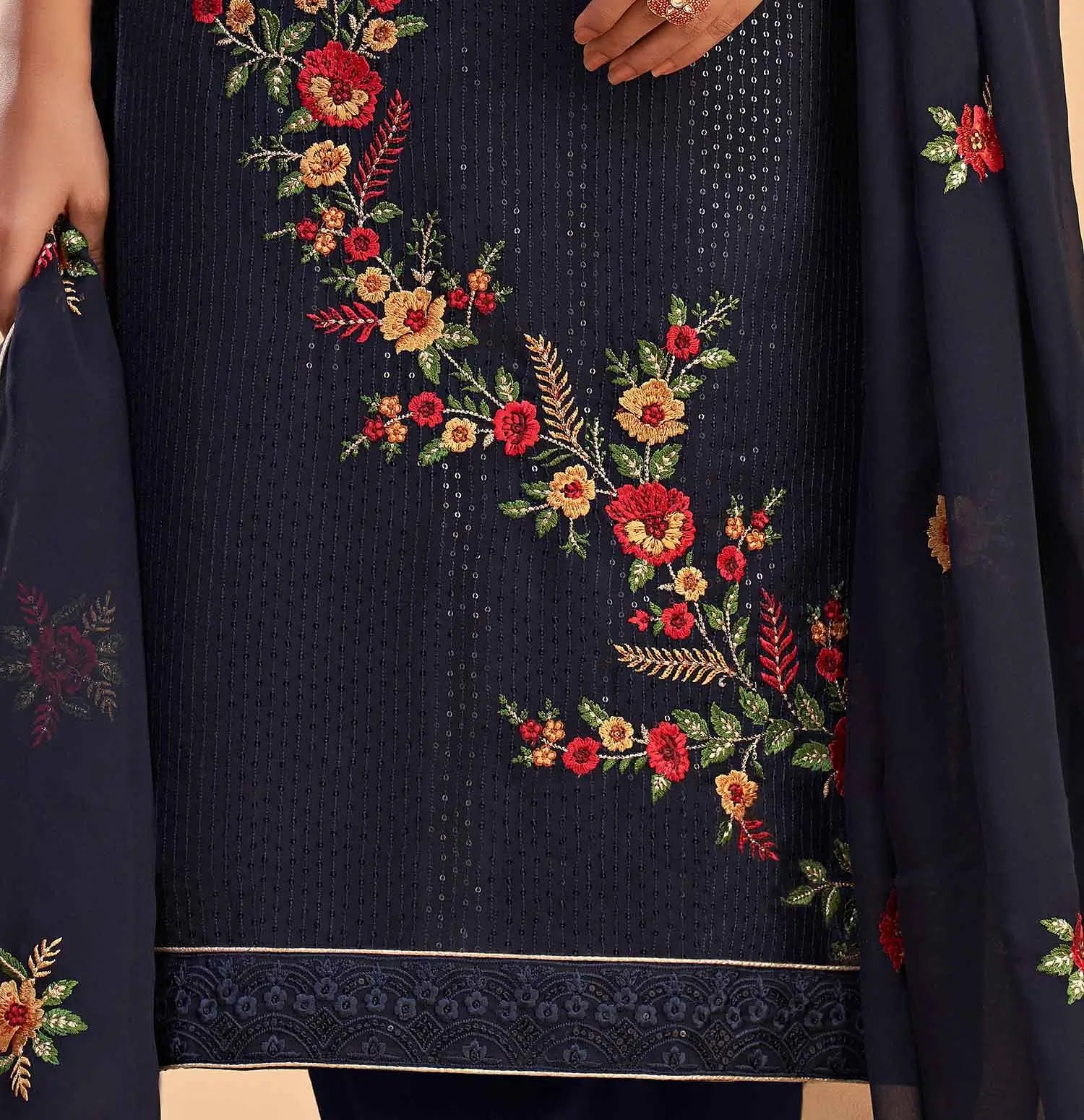 Navy Blue Georgette Sequins Embroidery Work Salwar Suit With Dupatta