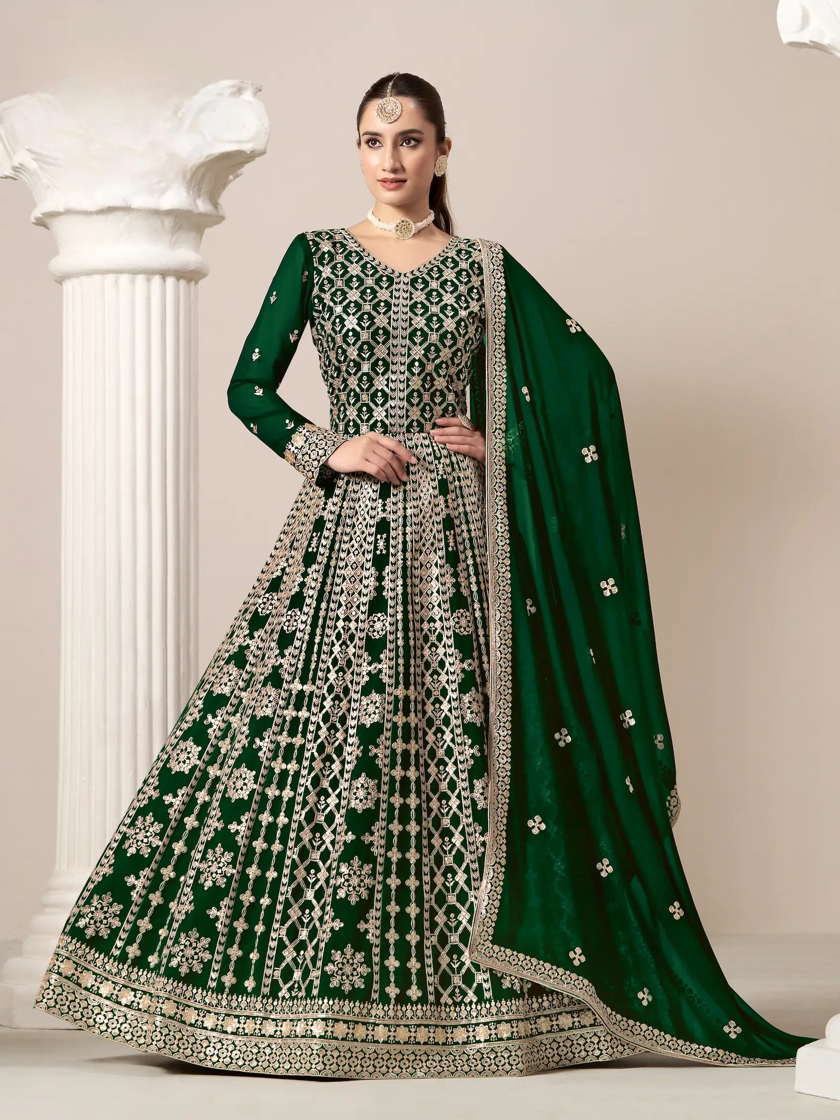 Green Georgette Gown With Sequence & Thread Embroidery Work
