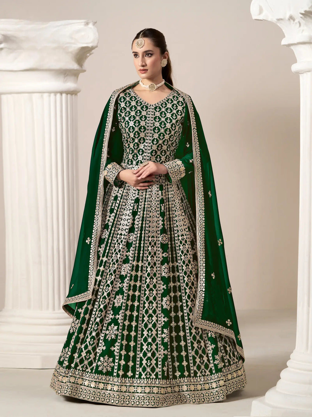 Green Georgette Gown With Sequence & Thread Embroidery Work
