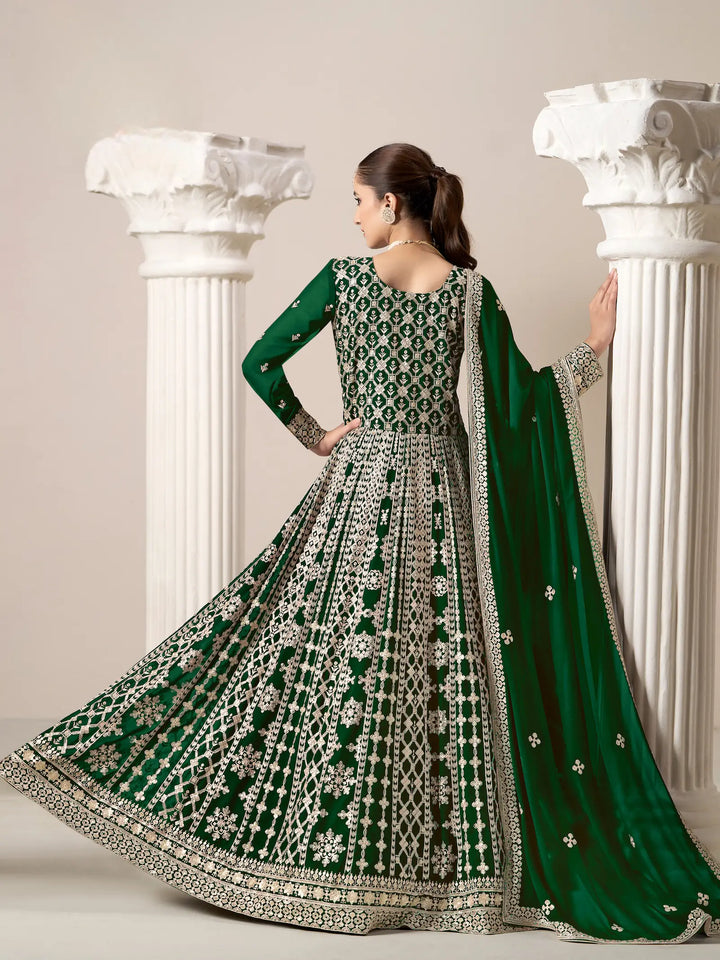 Green Georgette Gown With Sequence & Thread Embroidery Work - qivii