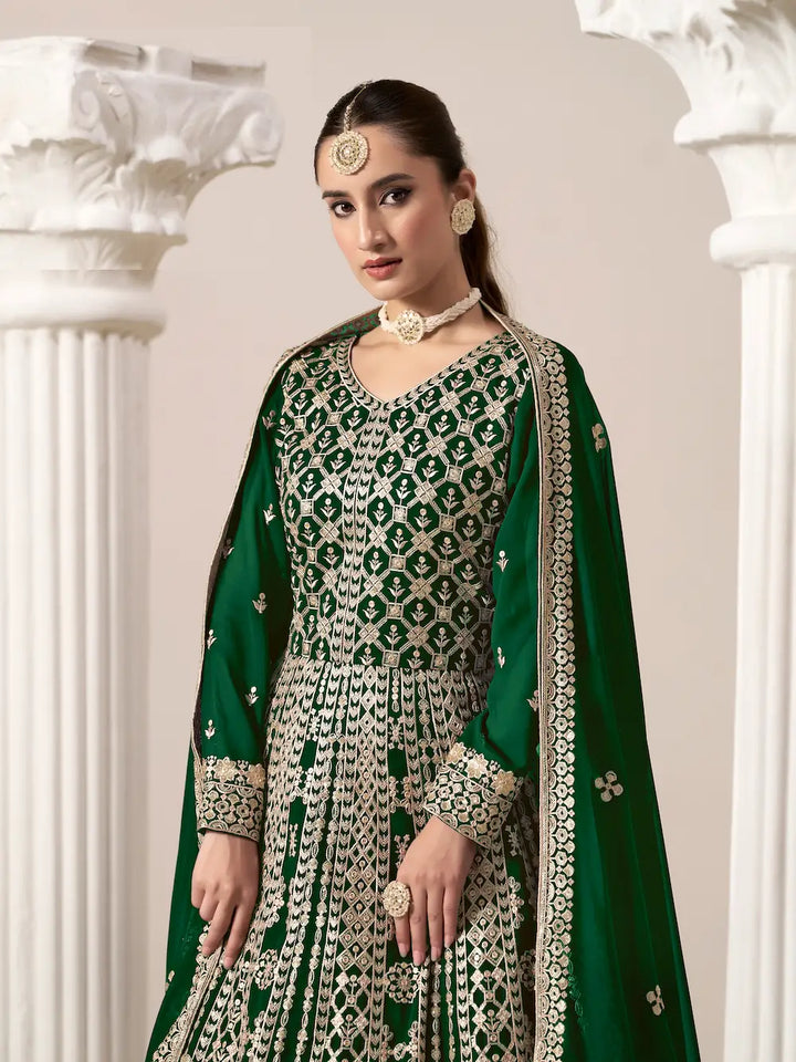 Green Georgette Gown With Sequence & Thread Embroidery Work - qivii
