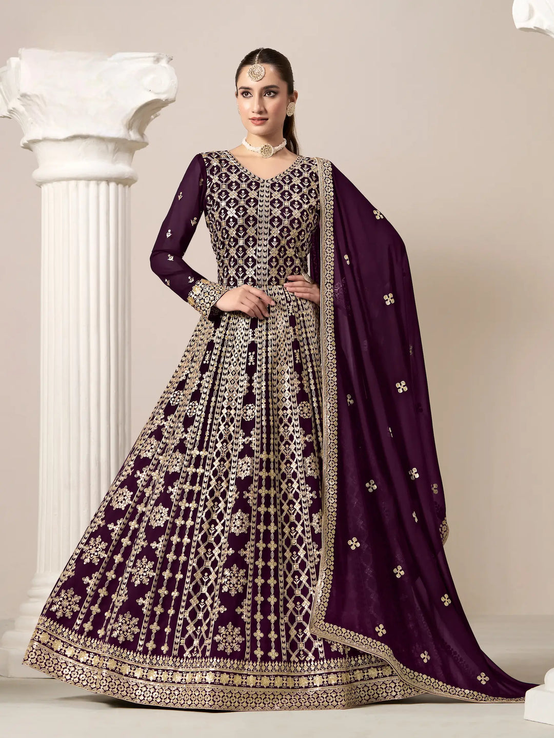 Wine Georgette Gown With Sequence & Thread Embroidery Work - qivii