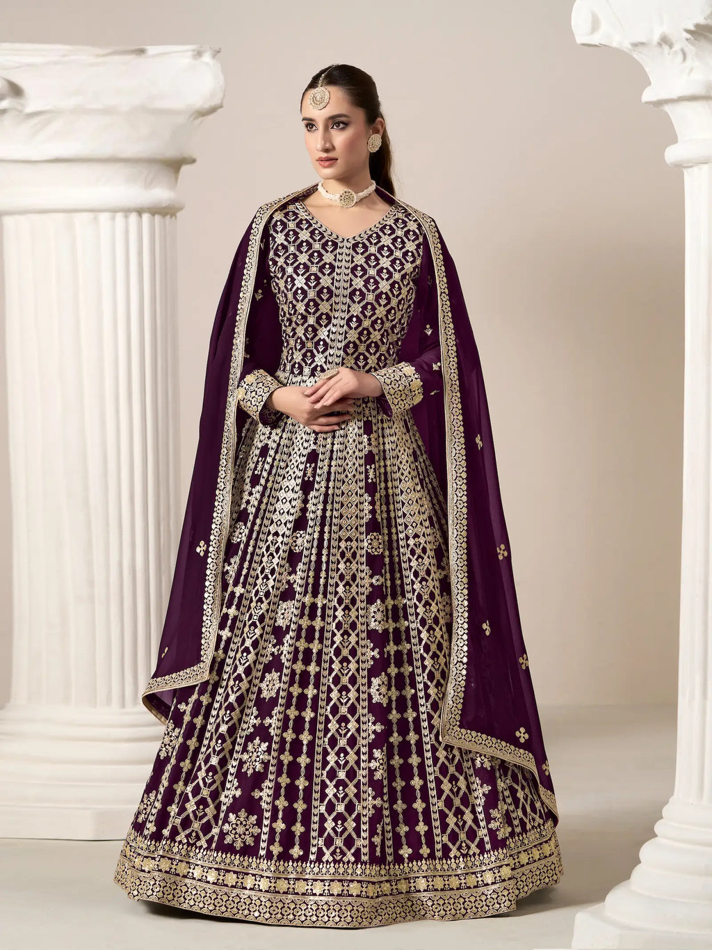 Wine Georgette Gown With Sequence & Thread Embroidery Work