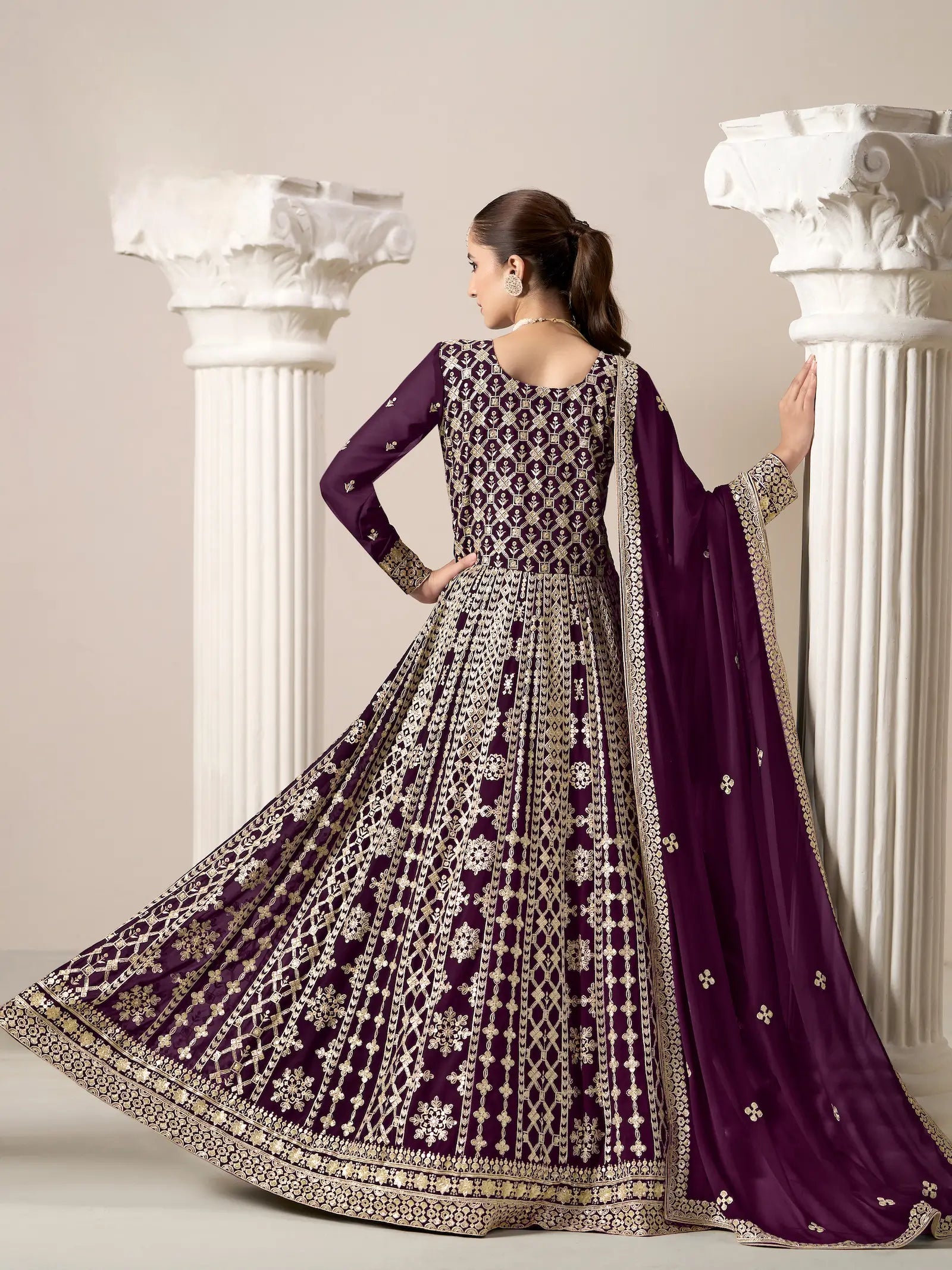 Wine Georgette Gown With Sequence & Thread Embroidery Work