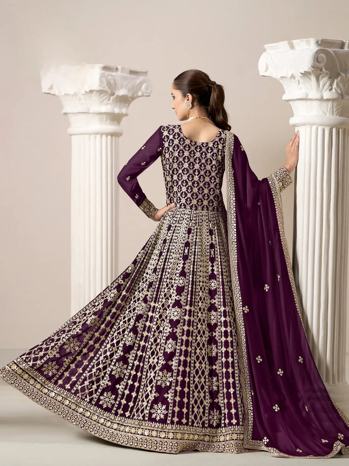 Wine Georgette Gown With Sequence & Thread Embroidery Work - qivii